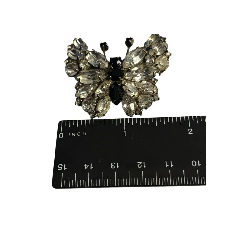 Butterfly Rhinestone Brooch Pin VTG‎ Black & Clear Rhinestones Silver Tone Retro
